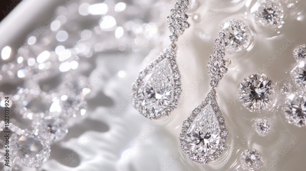 Poster close-up of intricate diamond drop earrings resting on a white background, highlighting the sparklin