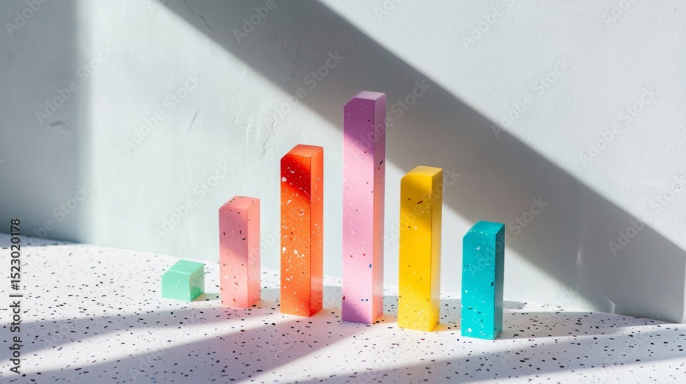 Aufkleber Close-up view of a colorful D bar chart with varying heights and widths, casting shadows on a textured surface, providing depth to the data presentation.