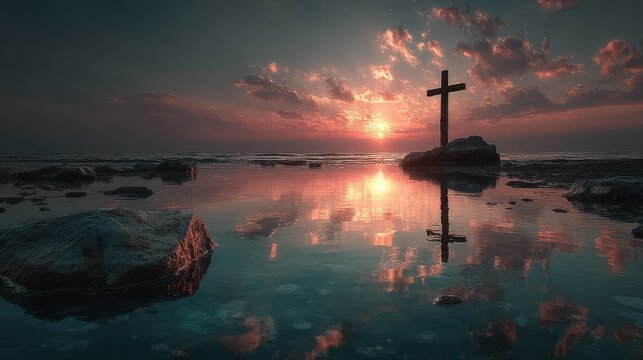 Reflection of a cross at sunset over calm waters with rocky shoreline and vibrant sky - Powered by Adobe