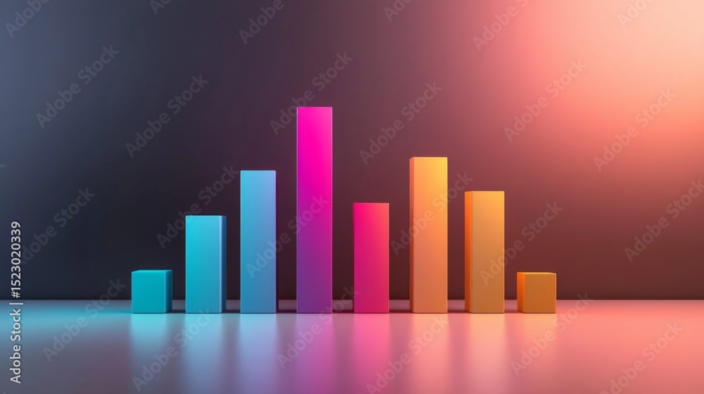 Aufkleber Colorful D bar chart with varying heights on a sleek surface, illuminated by soft lighting, creating a modern and professional visual for data representation.