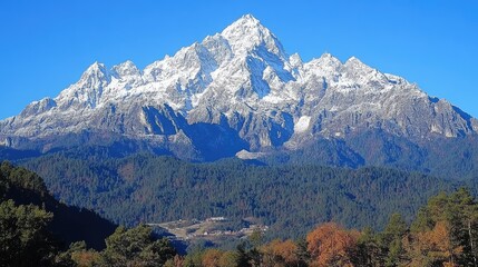 Fototapeta premium Snow-capped mountain range against a clear sky.