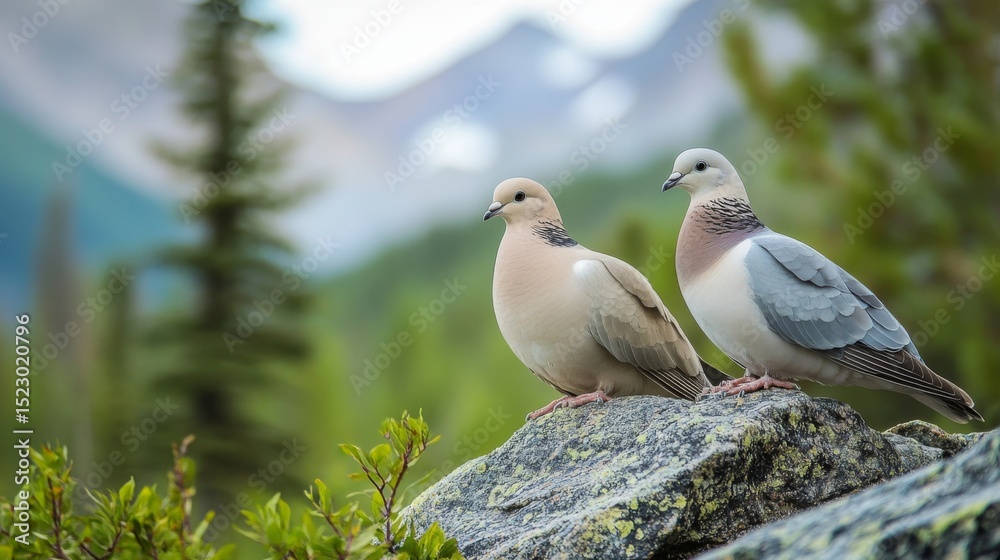 Poster doves in soft focus, perched side by side on a rocky ledge with a scenic mountain backdrop, capturin