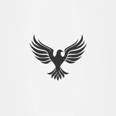Obraz premium Stylized graphic of a soaring bird, likely an eagle or falcon. Dark silhouette against a light background. Wings outstretched, showcasing powerful flight. Simple, clean design