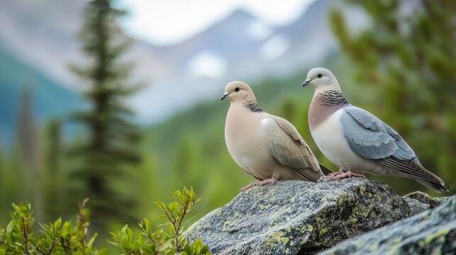 Doves in soft focus, perched side by side on a rocky ledge with a scenic mountain backdrop, capturing peace in a natural setting.