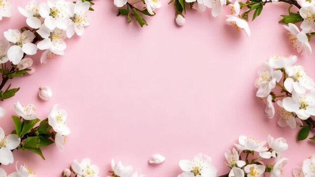 Delicate white blossoms frame a soft pink backdrop, with gentle sunlight highlighting the floral arrangement for a springtime feel