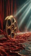 Classic film reel illuminated by soft light with dramatic red curtains creating a cinematic atmosphere