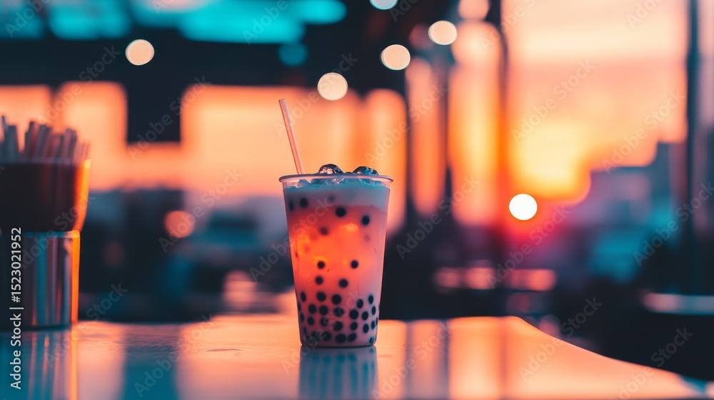 Poster iced milk tea with boba and ice served in a stylish cup, with a beautiful sunset backdrop, creating 