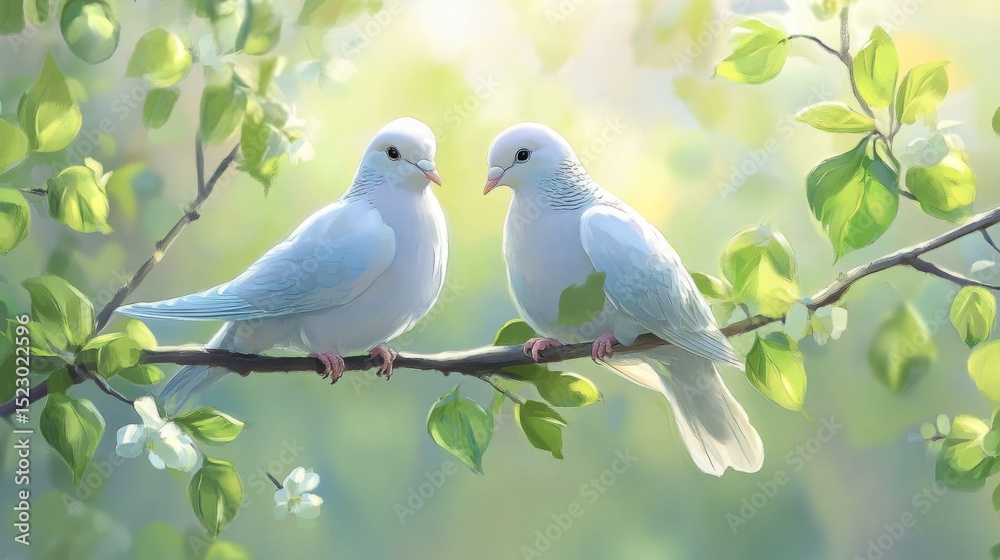 Aufkleber pair of doves perched closely on a tree branch, surrounded by green leaves, capturing a serene and r