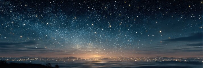 Starlit sky over a tranquil landscape at dusk revealing distant city lights