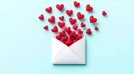 Red hearts overflowing from a white envelope on a light blue background