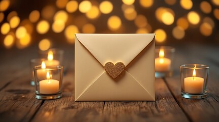 Romantic envelope with golden heart surrounded by candles