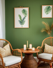 Elegant rattan seating paired with fragrant candles beside a lush botanical mural, Dreamy. White tone
