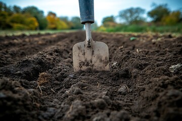 Gardening spade placed firmly in field high resolution picture