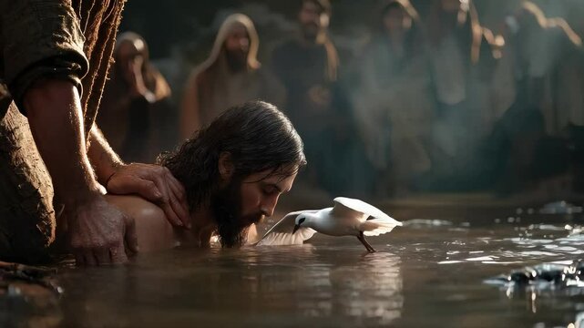 Jesus Christ baptism: Jordan River, John ministry, divine moment, Holy Spirit descent, dove manifestation, Gods voice, spiritual awakening, Sons mission, sacred declaration, heavenly revelation.