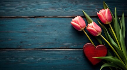 Romantic pink tulips and wooden heart on rustic blue wood