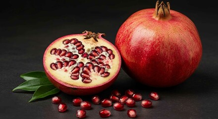 Fresh whole and halved pomegranate with ruby red seeds and green leaves on a dark surface for healthy food concepts.