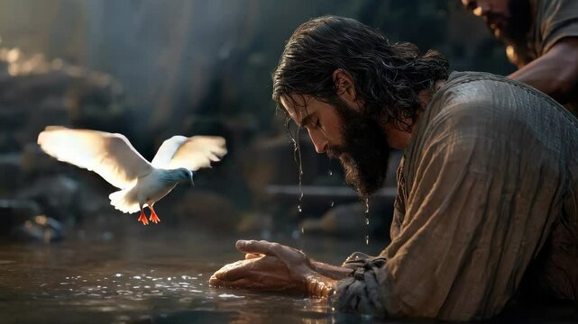 Christs immersion in Jordan: baptism by John, divine event, Holy Spirit dove, Gods proclamation, spiritual significance, sacred voice, mission revealed, Sons purpose, heavenly presence.