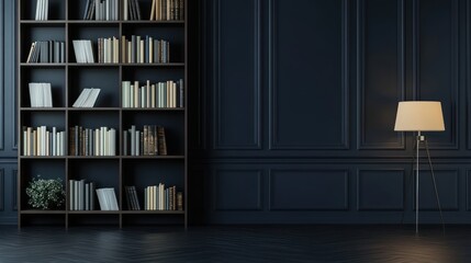 Dark library interior with bookshelves and lamp