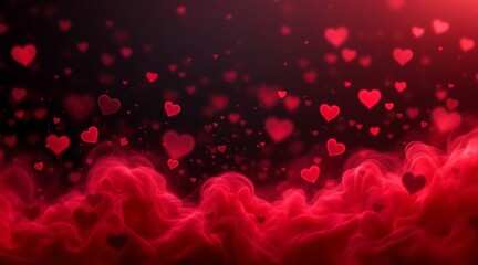 Romantic red hearts floating in smoky clouds