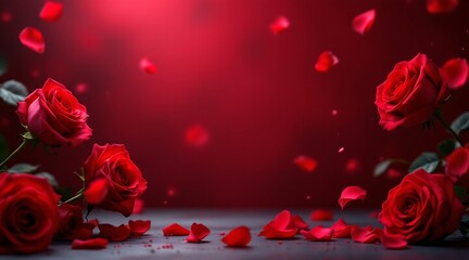 Romantic red roses and falling petals on dark background