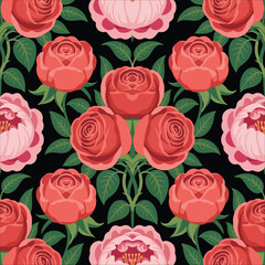 Seamless floral pattern with red and pink roses.