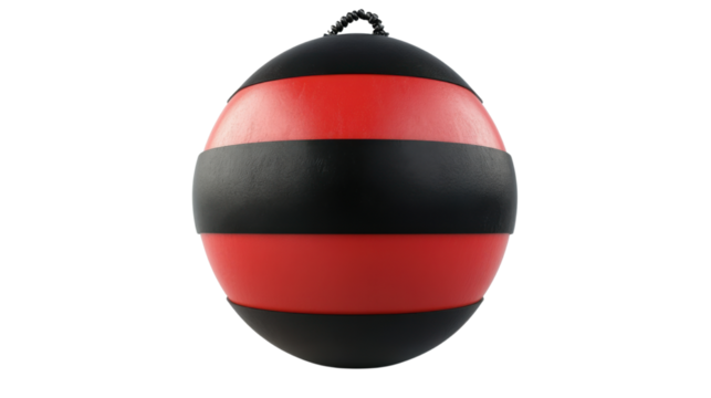 Red and black marine buoy floating nautical marker for sea navigation isolated on white background
