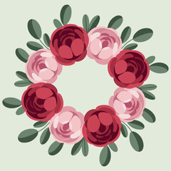 Floral wreath with red and pink camellias.