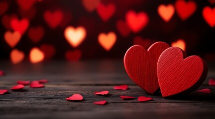 Romantic valentine s day scene with red wooden hearts