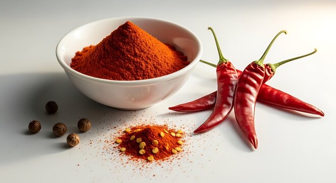 Fresh red chili peppers with spice powder and whole spices on white surface