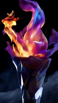 Abstract multicolored flame emanating from a geometrical metallic torch against a dark background creating a vibrant and dynamic design.