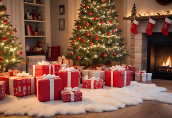 Festive christmas scene with glowing tree gifts fireplace and holiday decorations