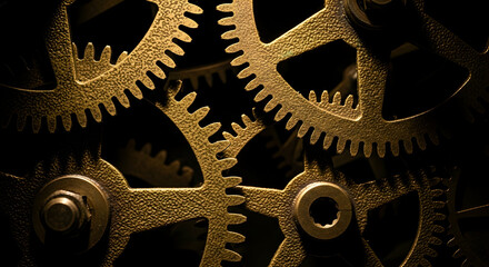 Complex Interlocking: A Close-Up Of Vintage Brass Gears In Dark Ambiance