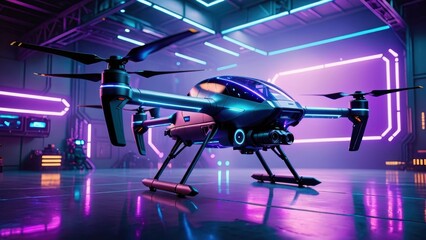 Cyberpunk-style UAV drone with holographic interface, glowing in a neon-lit hangar with vivid purple-blue gradients.