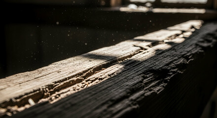 Sunlight Illuminating A Weathered Wooden Beam With Dust Motes Floating In Air