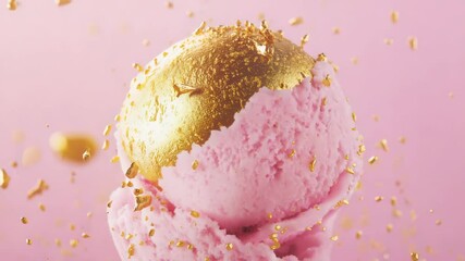 A fragment of a series - Golden Foiled Ice-cream. Pink ice cream scoop with gold leaf topping. Delicious strawberry ice cream dessert with edible gold flakes falling. . - Powered by Adobe