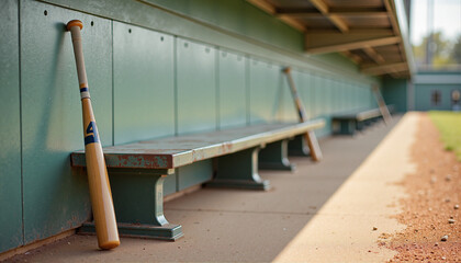 Wooden baseball bat resting on bench in empty dugout during game