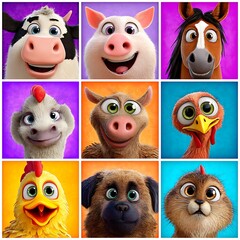 Cute and Colorful Cartoon Farm Animals Collection with Expressive Faces in Vibrant Backgrounds.