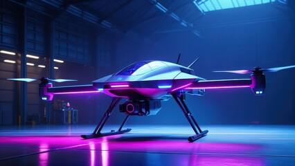Cyberpunk-style UAV with holographic interface hovering in a neon-lit hangar, featuring purple-blue gradients, futuristic drone design.