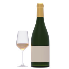 wine bottle and glass 3d icon in cartoon plastic style minimal isolated on transparent white background, clipping path