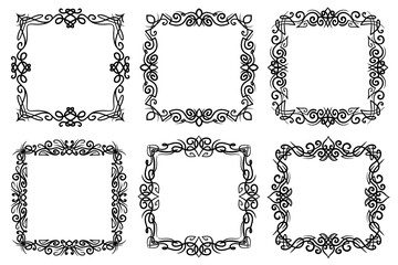 Abstract vintage line art square frames. Flourish black linear ornate borders, copy space for images and text.