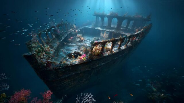 海底に沈む古代船の遺骸と周囲に広がる色鮮やかなサンゴ礁と熱帯魚群