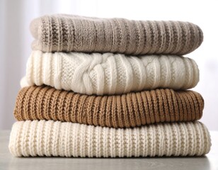 Stack of folded knitted sweaters