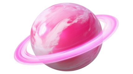 Pink planet with circular ring system and glowing surface fantasy celestial body for space design sci fi illustration or cosmic concept isolated on white background