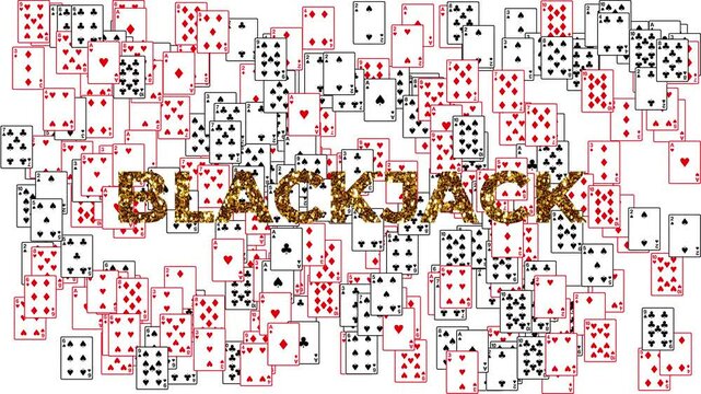 Big BLACK JACK text in a shiny gold glitter font with many playing cards showing all four suits hearts spades clubs and diamonds - Powered by Adobe