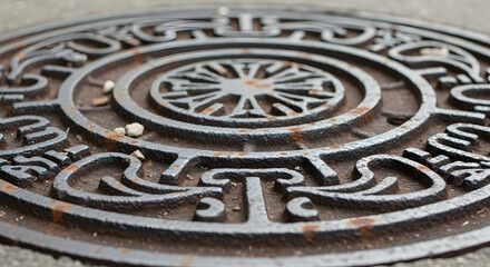 Ornate Metal Manhole Cover Featuring Geometric Design with Signs of Ageing