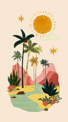 A tranquil beach with crystal-clear water is bordered by vibrant green palms and colorful tropical plants. The bright sun shines above, creating a perfect day for relaxation