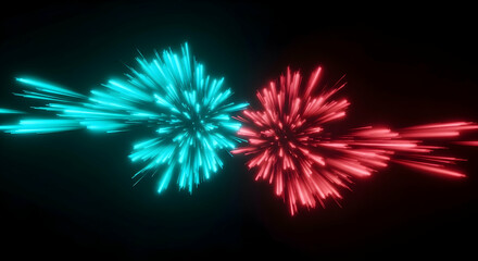 Fototapeta premium Abstract Collision Of Luminous Particle Streams In Contrasting Hues On Dark Backdrop