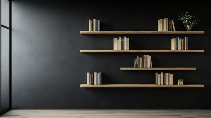 Modern dark room with wooden bookshelves