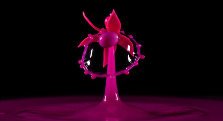 Abstract Water Drop Formation Resembling a Flower Bursting On Black Background