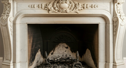 Ornate Fireplace With Marble Mantel and Historical Detail Close Up